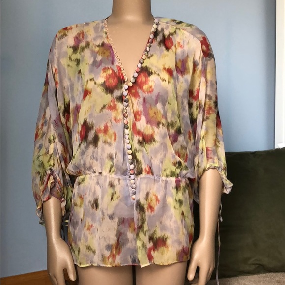 Elizabeth and James Tops - Elizabeth & James Watercolor Boho Button Silk Top